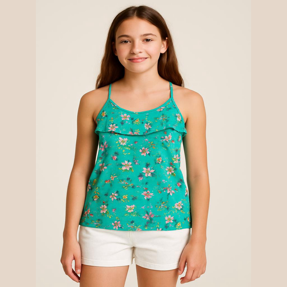 RUMI + RYDER M (8-10) Green Floral Ruffle Criss Cross Back Tank Top Girls